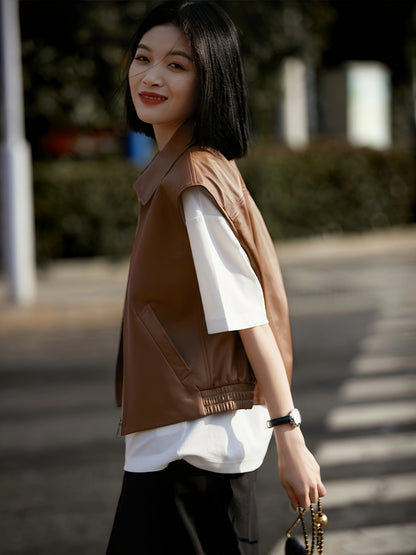 Women's Vintage Style Versatile Genuine Sheepskin Leather Vest, Casual Sleeveless Jacket With Zipper Detail
