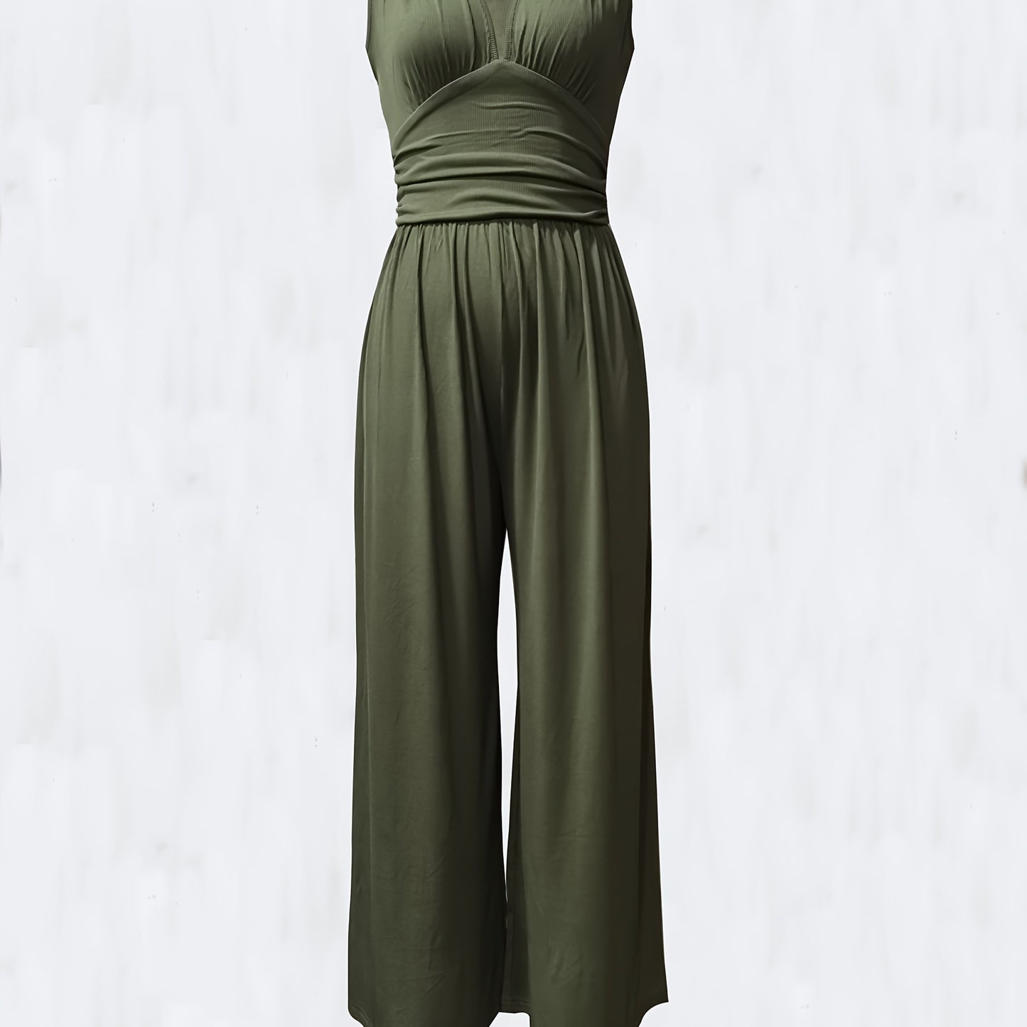 Women's Sleeveless Deep V-Neck Ruched Wide-Leg Jumpsuit - Olive Green Textured Stretch Fabric, Machine Washable Elegant Spring/Summer Casual & Formal Outfit, Ladies Rompers And Jumpsuits, Versatile Clothing, Flowing Silhouett