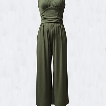 Women's Sleeveless Deep V-Neck Ruched Wide-Leg Jumpsuit - Olive Green Textured Stretch Fabric, Machine Washable Elegant Spring/Summer Casual & Formal Outfit, Ladies Rompers And Jumpsuits, Versatile Clothing, Flowing Silhouett
