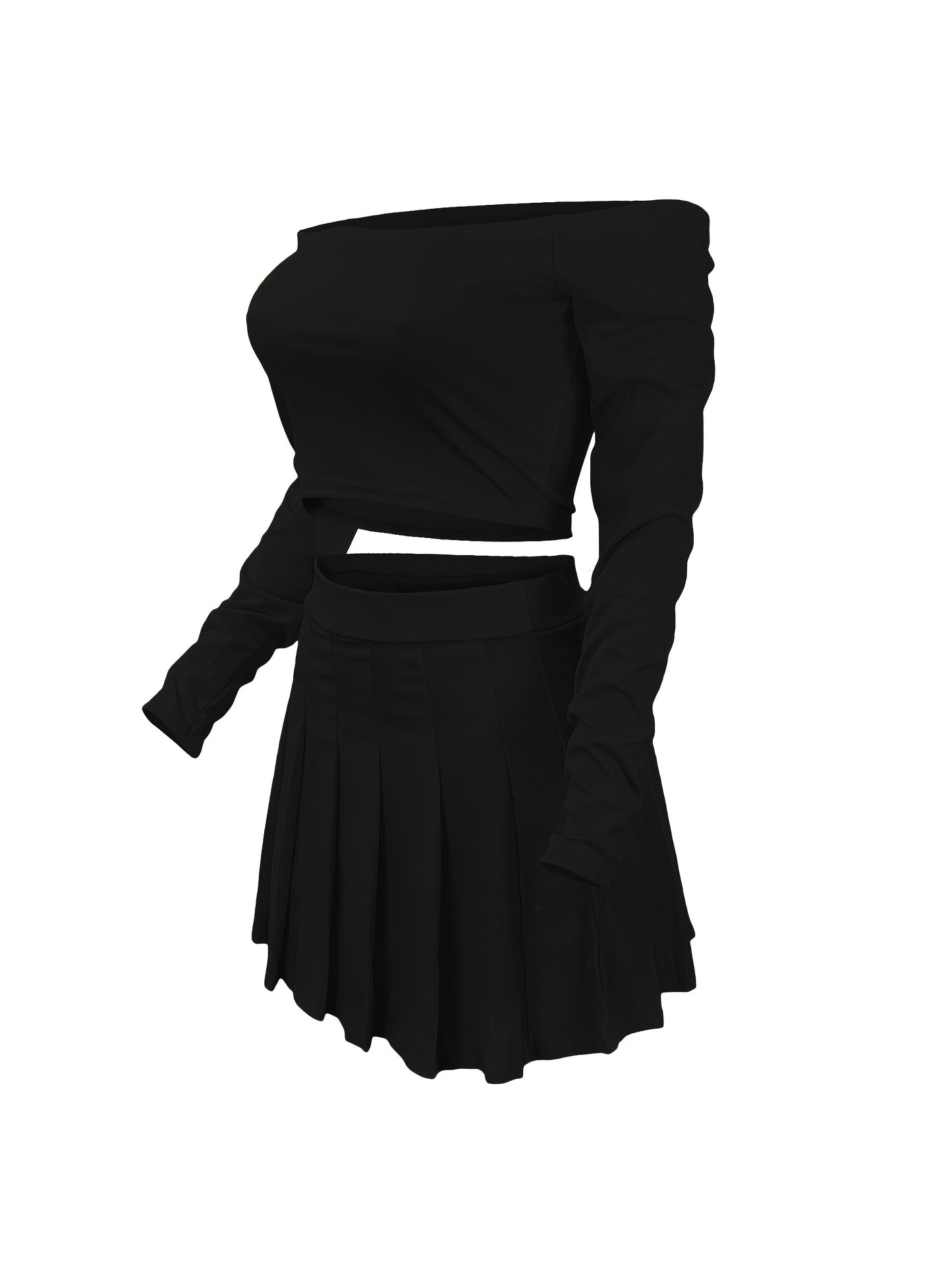 Solid Elegant Two-piece Set, Off Shoulder Long Sleeve Crop Top & Pleated Mini Skirt Outfits, Women's Clothing