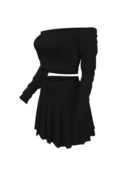Solid Elegant Two-piece Set, Off Shoulder Long Sleeve Crop Top & Pleated Mini Skirt Outfits, Women's Clothing