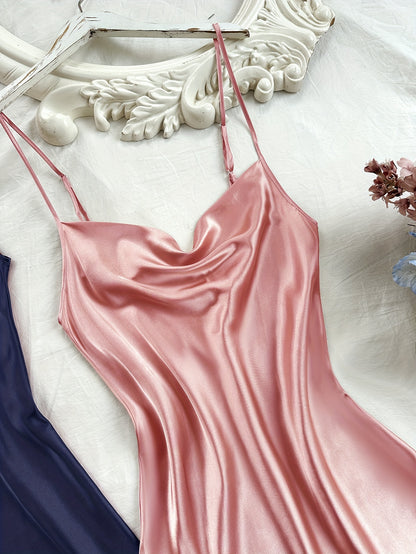 2 Pcs Women's Elegant Solid Satin Sleepwear Dress, Turtleneck Side Split Backless Midi Slip Dress, Comfortable Nightgown