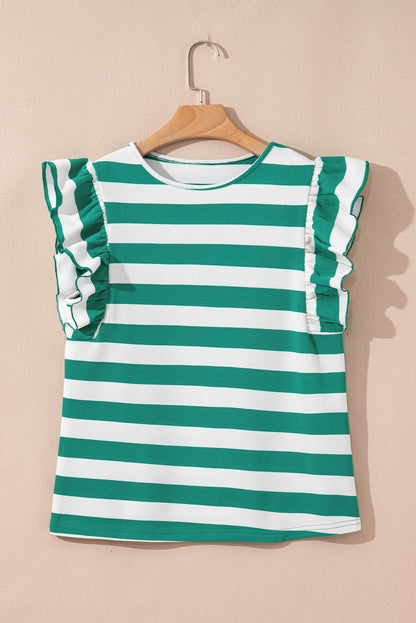Green Stripe Flutter Sleeve Round Neck T Shirt