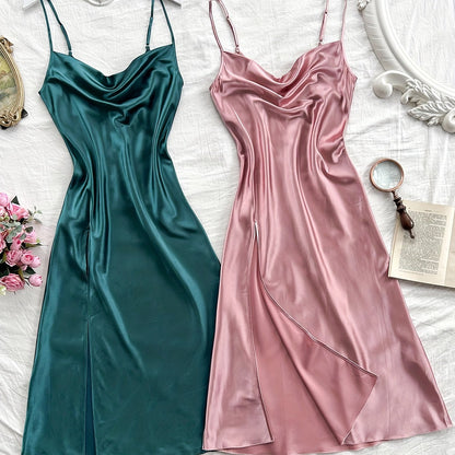2 Pcs Women's Elegant Solid Satin Sleepwear Dress, Turtleneck Side Split Backless Midi Slip Dress, Comfortable Nightgown