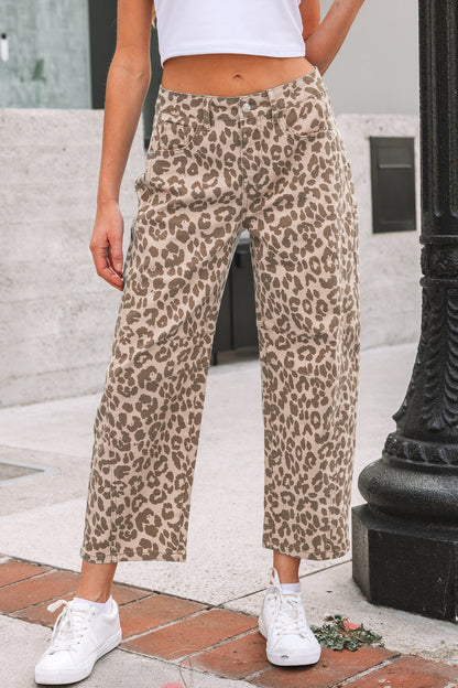 Khaki Leopard Print Straight Loose Jeans