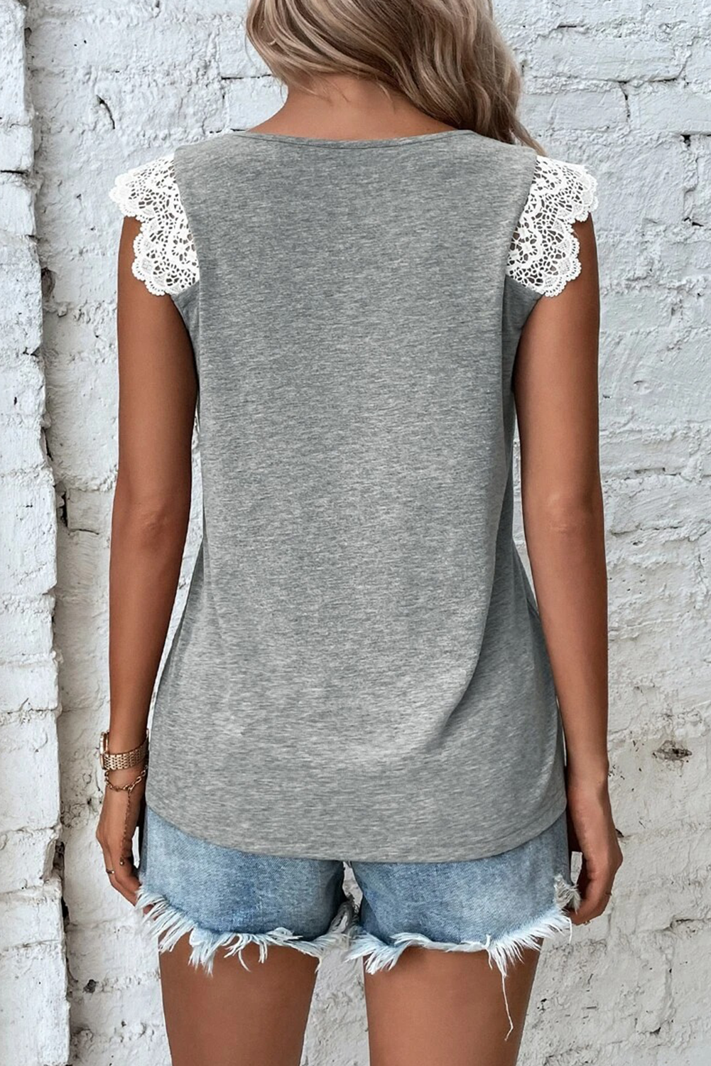 Gray Lace Patchwork Criss Cross V Neck Tank Top