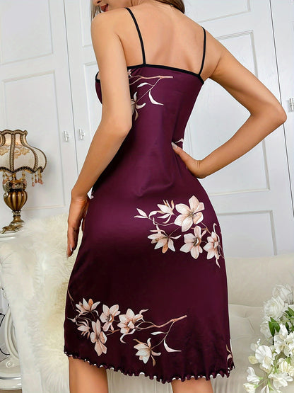 Elegant Floral Print Slip Nightgown for Women - Polyester and Elastane Knitted Fabric, Spaghetti Strap Sleeveless Sleepwear, All-Season Comfort, Scalloped Hem Sleepshirt