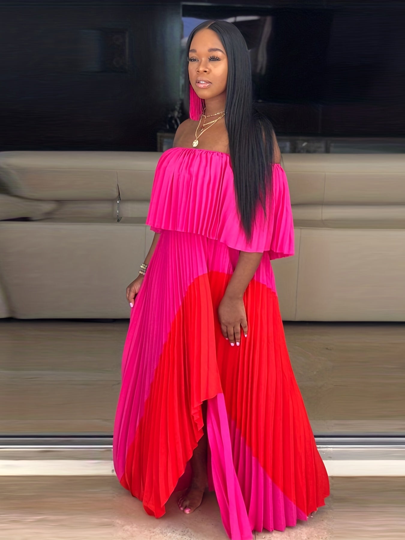 Flattering Pleated Off Shoulder Maxi Dress - Alluring Asymmetrical Hem for Glamorous Parties - Fashion-Forward Womens Formal Wear