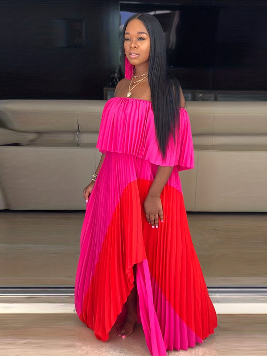 Flattering Pleated Off Shoulder Maxi Dress - Alluring Asymmetrical Hem for Glamorous Parties - Fashion-Forward Womens Formal Wear
