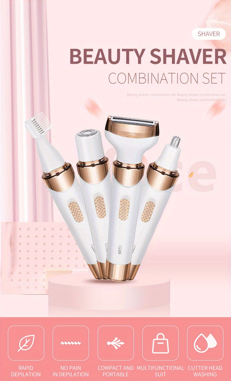 4-in-1 Women's Electric Razor - Wet & Dry Hair Remover For Pubic Hair, Eyebrow, Nose, Face, Legs, Underarms - Portable Bikini Trimmer - Rechargeable & Cordless - Gentle & Effective Hair Shaving