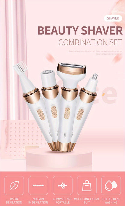 4-in-1 Women's Electric Razor - Wet & Dry Hair Remover For Pubic Hair, Eyebrow, Nose, Face, Legs, Underarms - Portable Bikini Trimmer - Rechargeable & Cordless - Gentle & Effective Hair Shaving