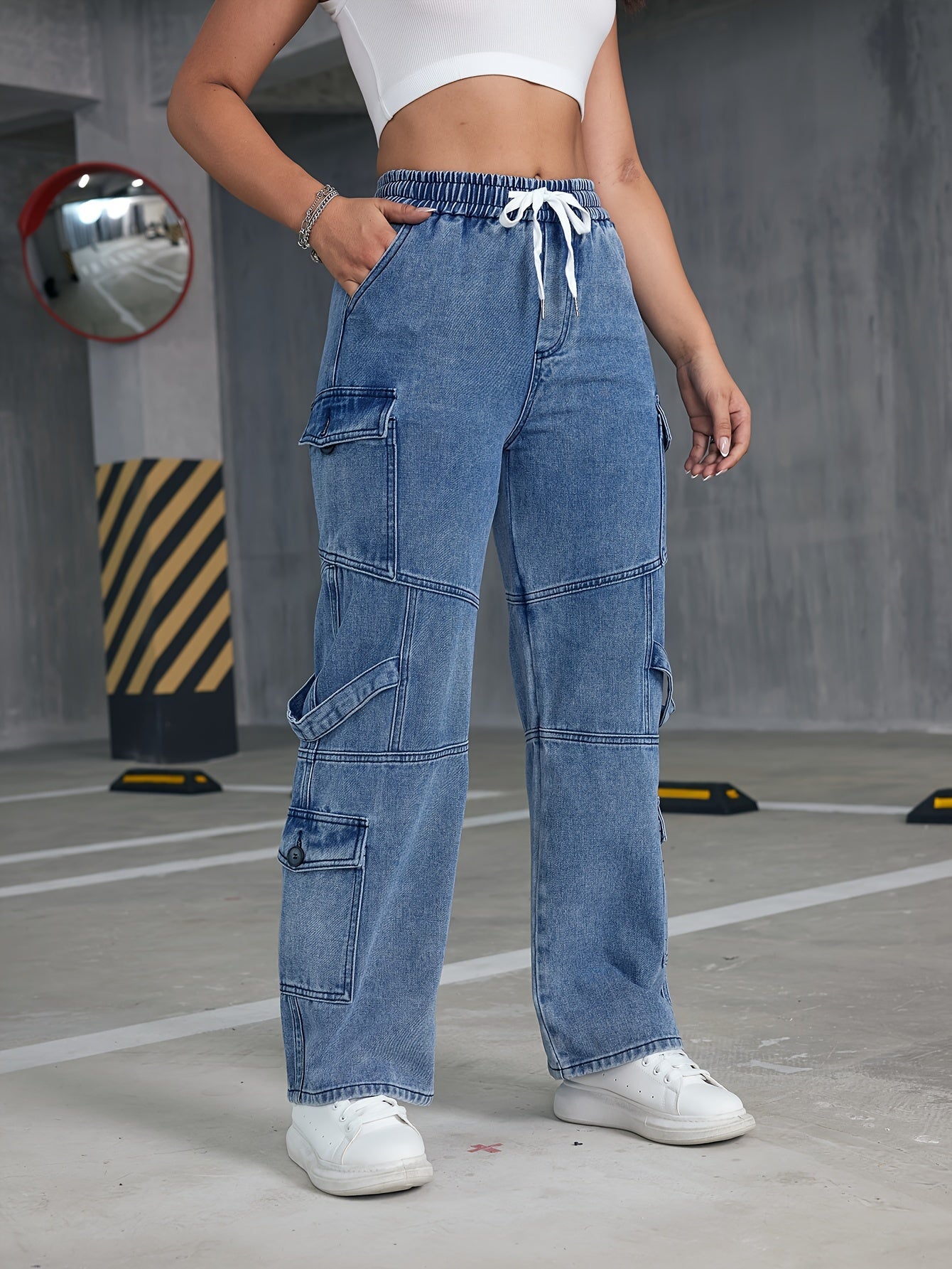 Flap Pockets Boyfriend Cargo Pants, Loose Fit Drawstring Elastic Waist Straight Jeans, Women's Denim Jeans & Clothing