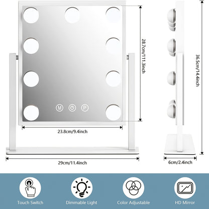 Makeup Mirror with Lights, Hollywood Makeup Mirror with 3 Color Modes and 9 Adjustable LED Bulbs, Zoom in 360° Rotation Touch Control