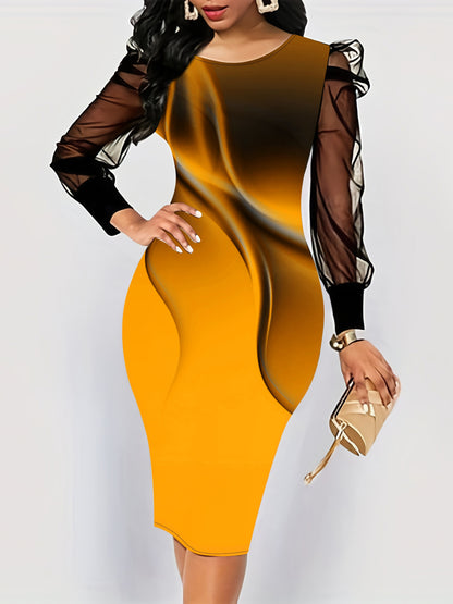 Butterfly Print Contrast Mesh Dress, Elegant Crew Neck Long Sleeve Dress, Women's Clothing