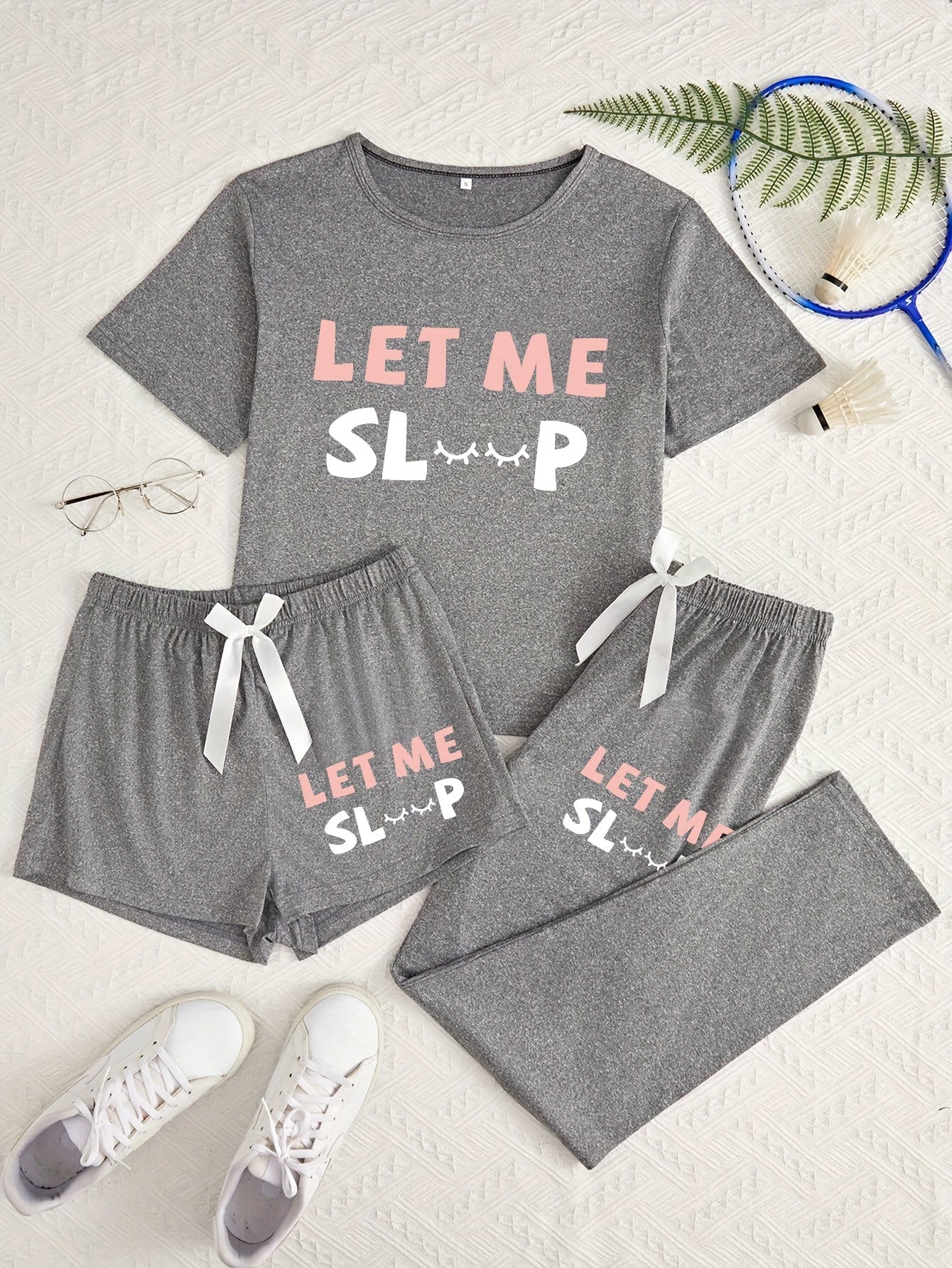 3pcs Women'S Pajama Set, Simple Style Knit Polyester Sleepwear, with Alphabet Print, Crew Neck, Bow Detail, for All Season Comfort Loungewear