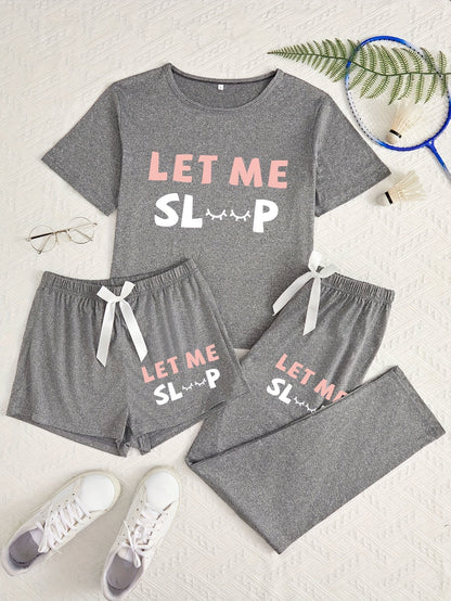 3pcs Women'S Pajama Set, Simple Style Knit Polyester Sleepwear, with Alphabet Print, Crew Neck, Bow Detail, for All Season Comfort Loungewear