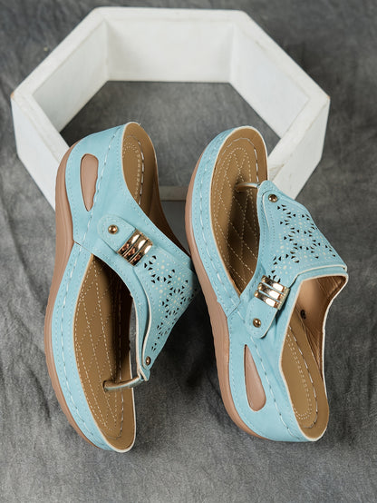 Stylish Cut-Out Thong Sandals - Soft Metallic Platform Wedge, Comfortable Beach Slides with Adjustable Straps, Vacation Essentials for Women