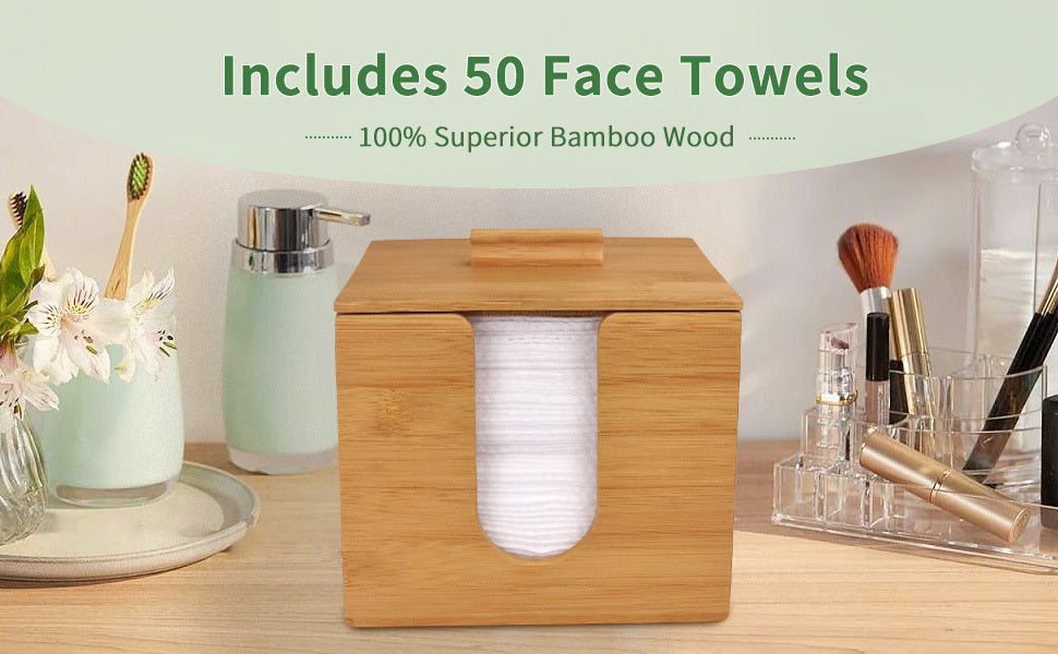 Disposable Makeup Remover Dry Wipes, Includes 50 XL Face Towels and Cube Bamboo Box for Facial Cleansing Skin Care (Face Towel and Holder)