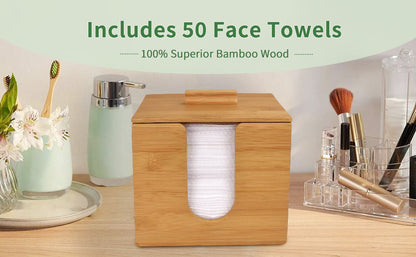 Disposable Makeup Remover Dry Wipes, Includes 50 XL Face Towels and Cube Bamboo Box for Facial Cleansing Skin Care (Face Towel and Holder)