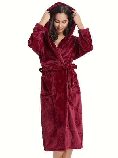 Elegant Polyester Hooded Dressing Gown for Women - Casual Long Sleeve Solid Color Lounge Robe with Belt, Flannel Winter Sleepwear with Hood, Knit Fabric, Warm Plush Lined Bathrobe for Fall/Winter