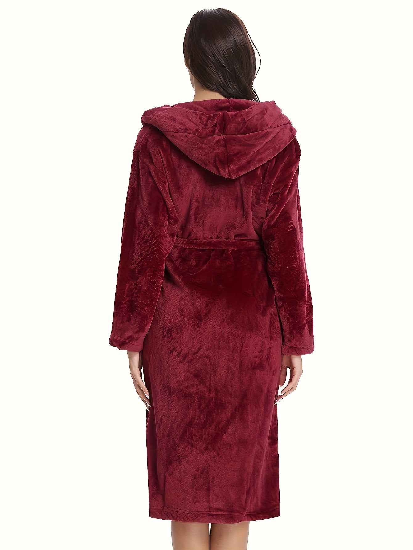 Elegant Polyester Hooded Dressing Gown for Women - Casual Long Sleeve Solid Color Lounge Robe with Belt, Flannel Winter Sleepwear with Hood, Knit Fabric, Warm Plush Lined Bathrobe for Fall/Winter