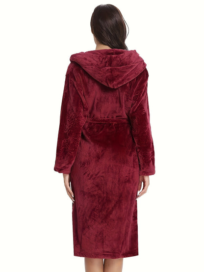 Elegant Polyester Hooded Dressing Gown for Women - Casual Long Sleeve Solid Color Lounge Robe with Belt, Flannel Winter Sleepwear with Hood, Knit Fabric, Warm Plush Lined Bathrobe for Fall/Winter