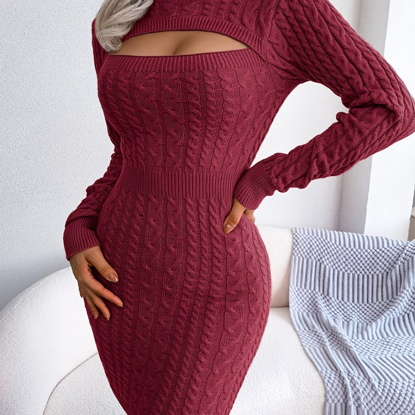 Solid Ribbed Knit Keyhole Dress, Elegant Crew Neck Long Sleeve Bodycon Dress, Women's Clothing