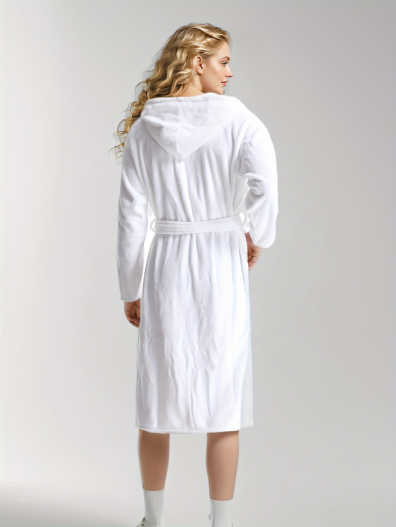 Elegant Polyester Hooded Dressing Gown for Women - Casual Long Sleeve Solid Color Lounge Robe with Belt, Flannel Winter Sleepwear with Hood, Knit Fabric, Warm Plush Lined Bathrobe for Fall/Winter