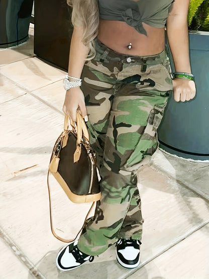 Fashionable High Waist Camouflage Cargo Jeans - Sleek Straight Fit with Medium Stretch & Stylish Flap Pockets - Trendy High Rise Denim Pants for Women