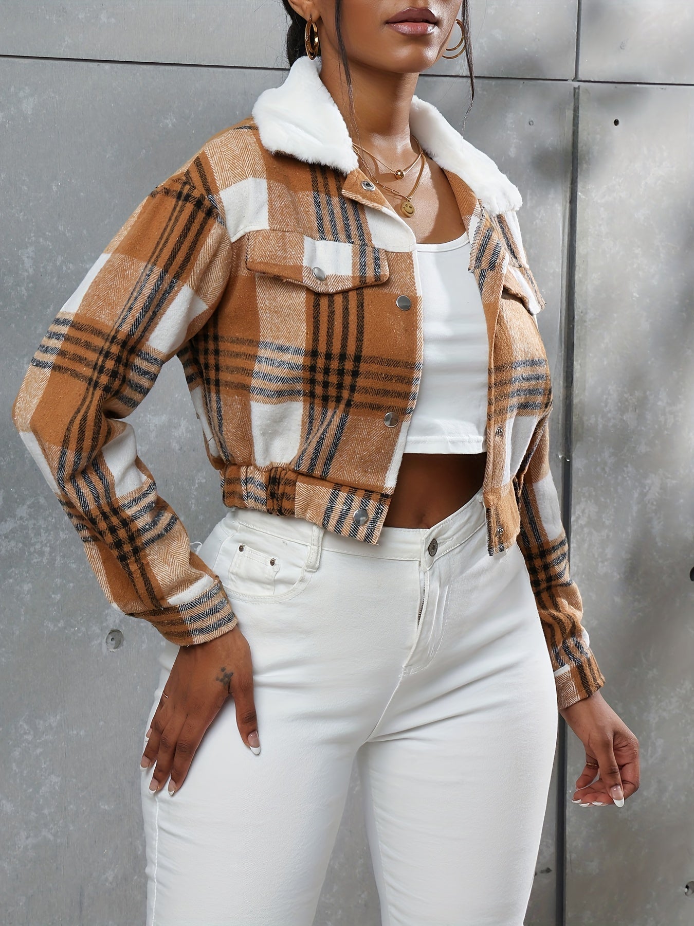 Button Plaid Faux Fur Collar Jacket, Casual Long Sleeve Crop Jacket For Fall & Winter, Women's Clothing