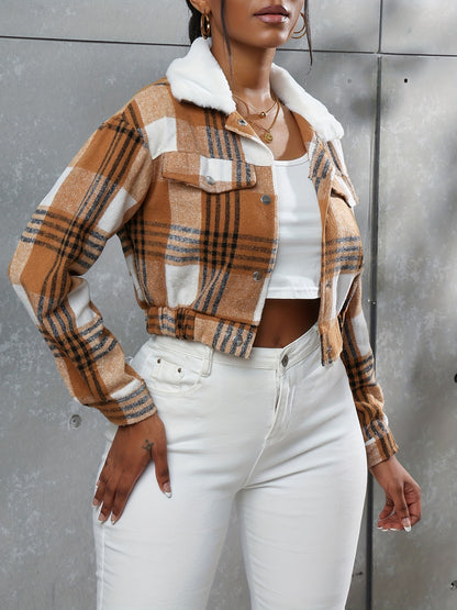Button Plaid Faux Fur Collar Jacket, Casual Long Sleeve Crop Jacket For Fall & Winter, Women's Clothing