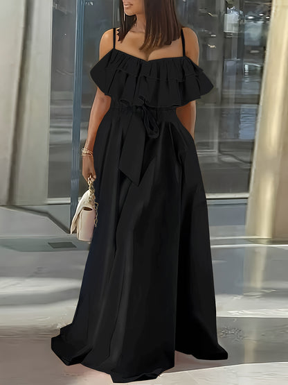 Vibrant Ruffle Trim Cami Dress - Sleeveless, Tie-Waist, Maxi Length, Flowy, Feminine, Summer Essential for Women - Perfect for Outdoor, Party, and Daily Wear