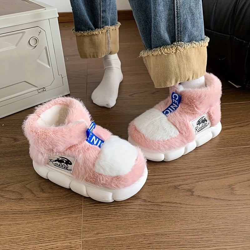 [Soft Pink Slippers] Warm Non-Slip Unisex Winter Slippers with Thick EVA Sole | Plush Fleece Indoor/Outdoor Shoes, Soft Pink Cartoon Rabbit Design for Men & Women