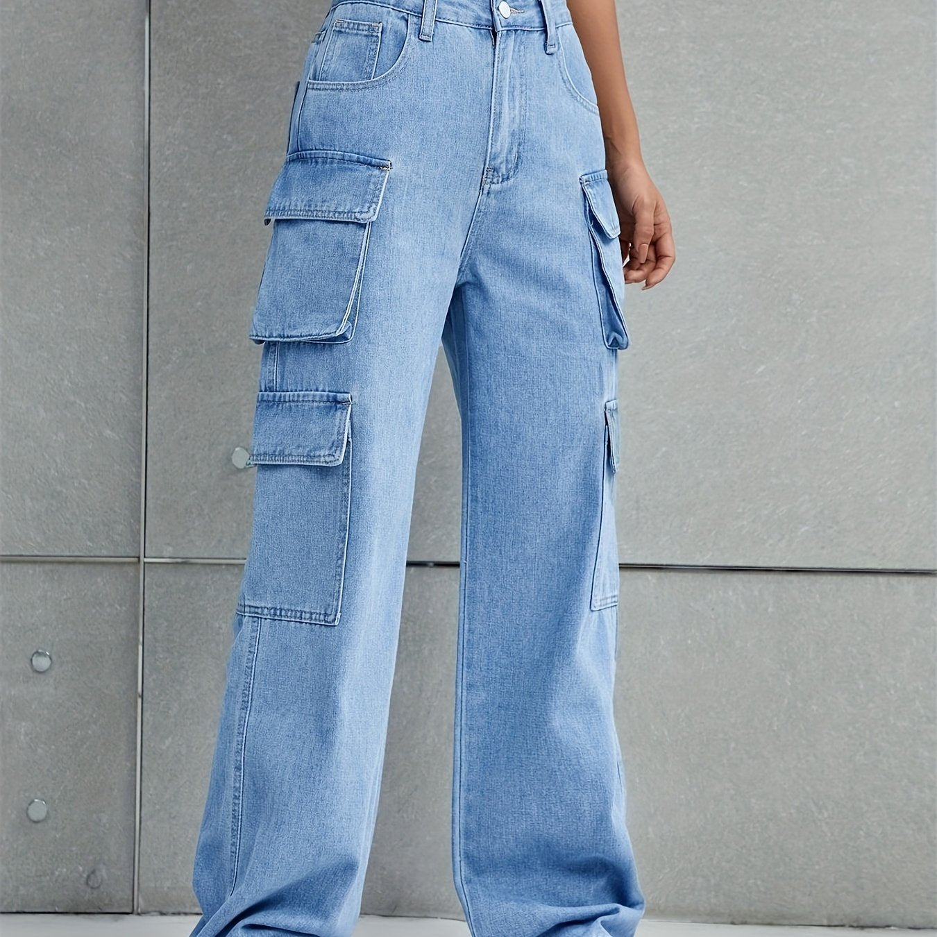 Plain Flap Pockets Cargo Pants, Loose Fit Non-Stretch Y2K & Kpop Style Straight Jeans, Women's Denim Jeans & Clothing