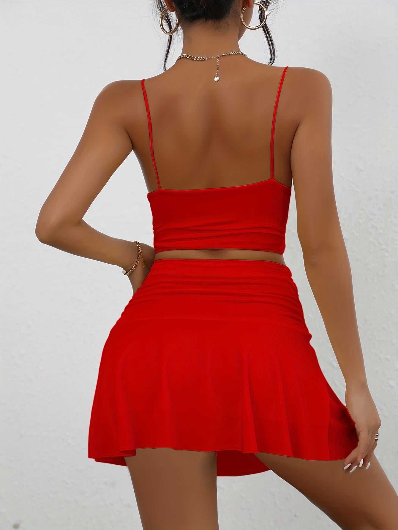 Solid Sexy Two-piece Set, V Neck Spaghetti Strap Cami Top & Ruffle Hem Mini Skirts Outfits, Women's Clothing