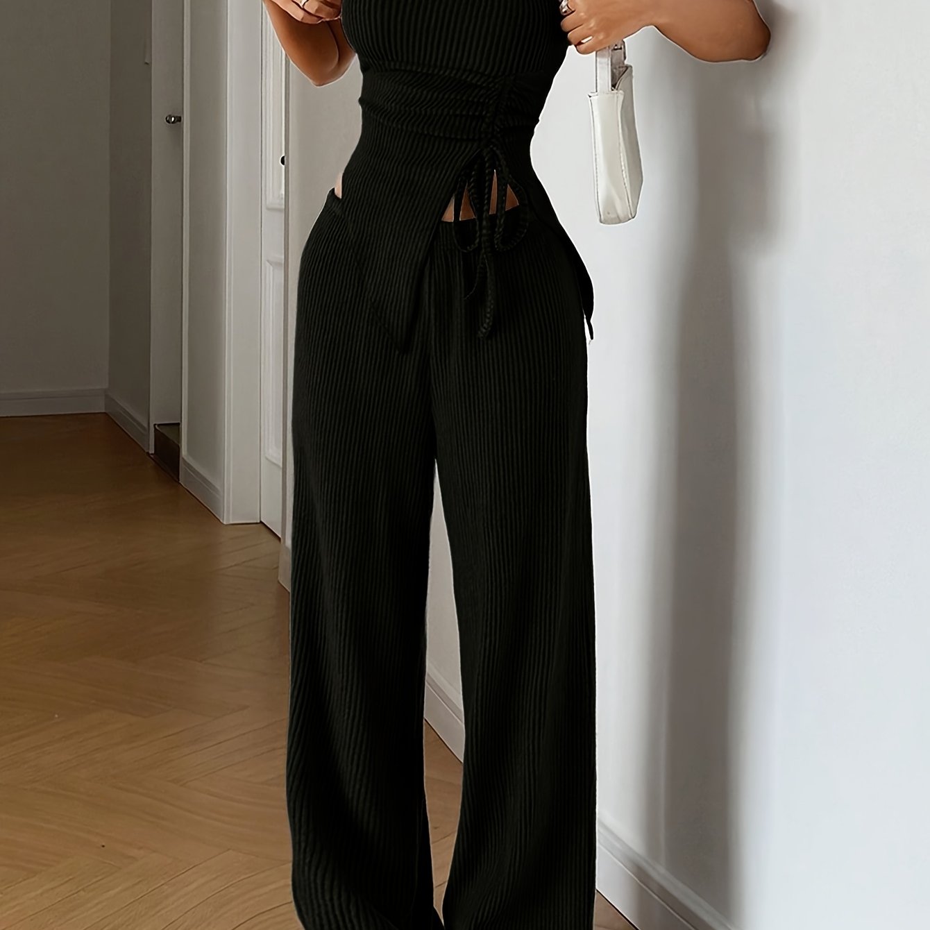 Women's Summer Fashion Outfit - Solid Color Crop Top and Pants, Side Drawstring, Comfortable for Casual Wear