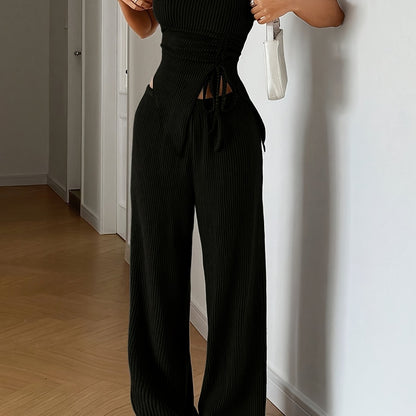 Women's Summer Fashion Outfit - Solid Color Crop Top and Pants, Side Drawstring, Comfortable for Casual Wear