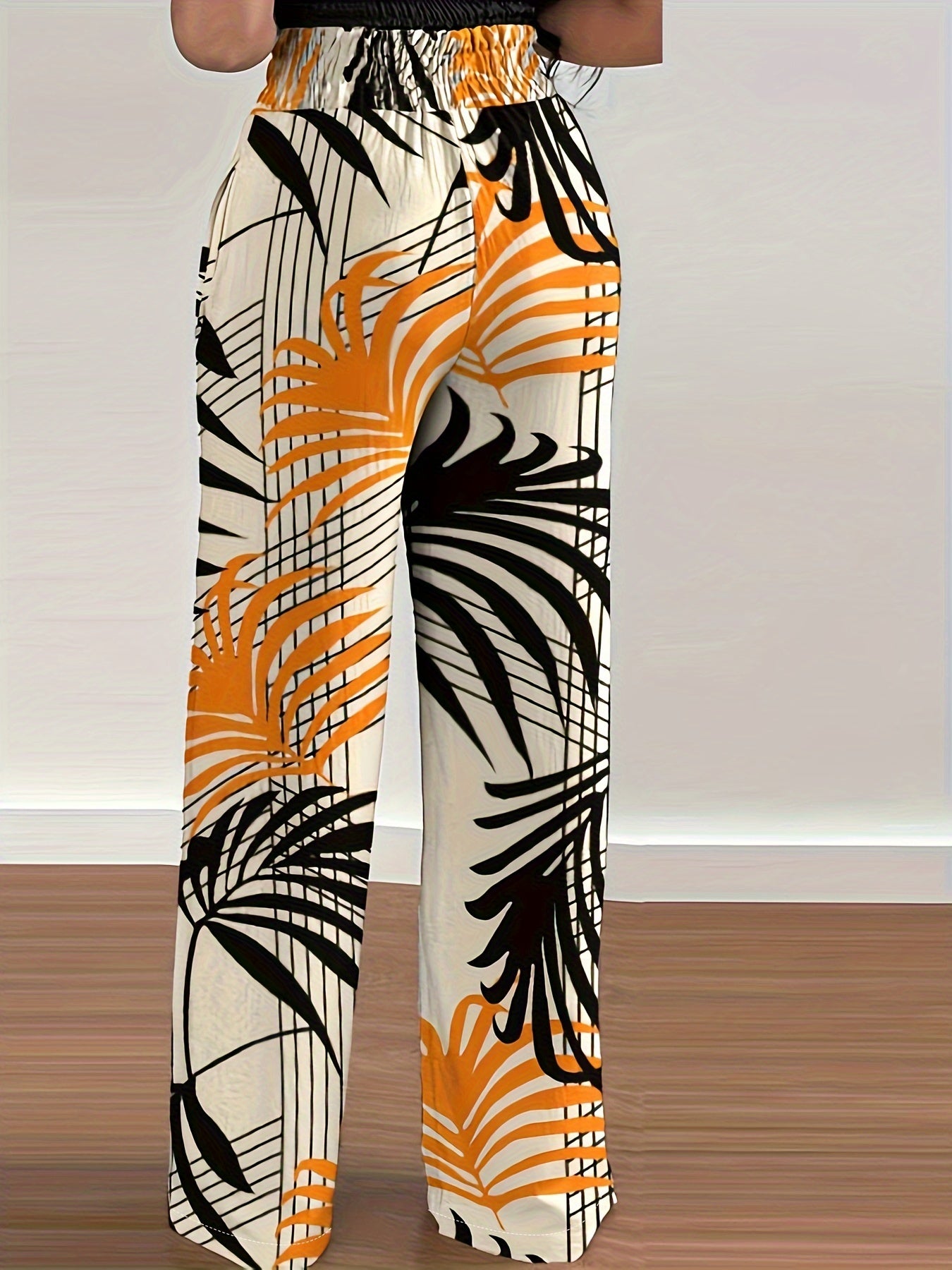 Plant Print Tie Waist Pants, Casual Wide Leg Long Length Pants, Women's Clothing