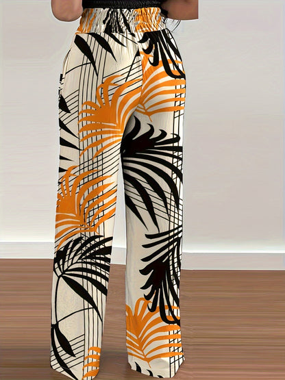 Plant Print Tie Waist Pants, Casual Wide Leg Long Length Pants, Women's Clothing