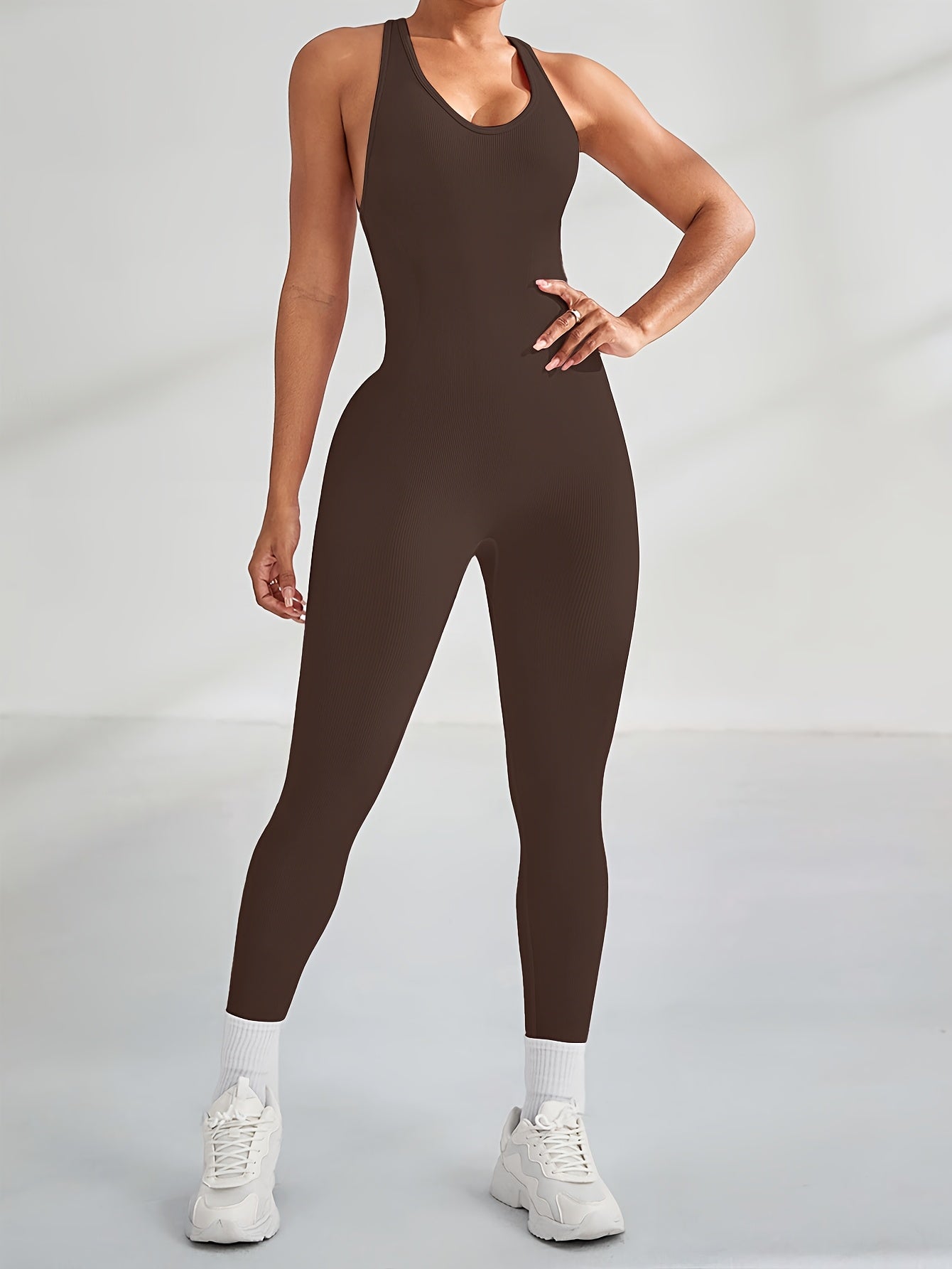 Women's High-Waisted Stretchy Yoga Jumpsuit - Smooth Knit Fabric, Solid Color, Long Sleeve, Round Neck, Machine Washable, Perfect for Sports & Fitness