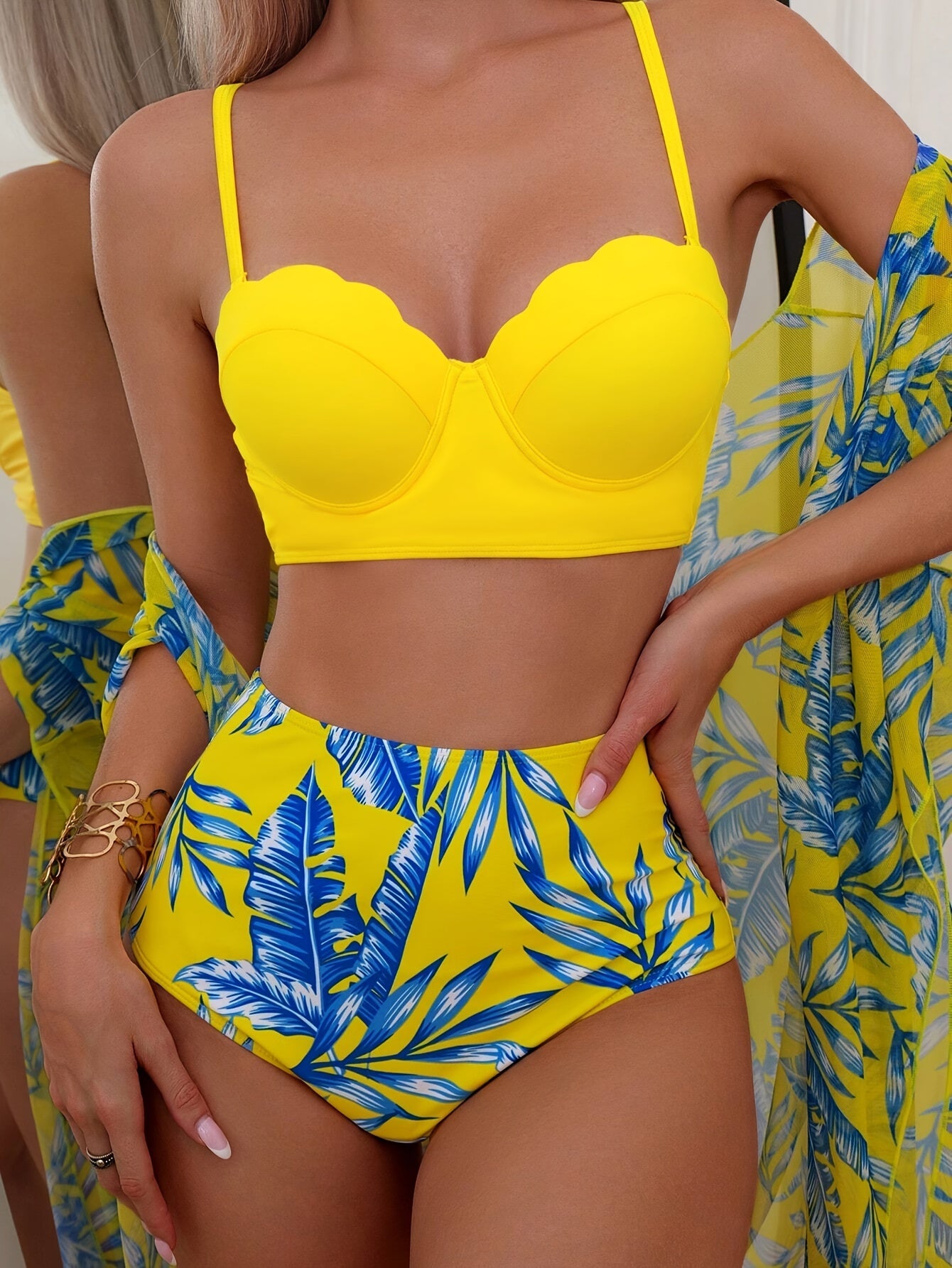 3 Piece Tropical Print High Waist Bikini Set - Off the Shoulder, High Stretch, Semi-Sheer, Polyester Fabric, Random Printing, Knit Swimsuits for Women - Perfect for Swimming and Beach Activities