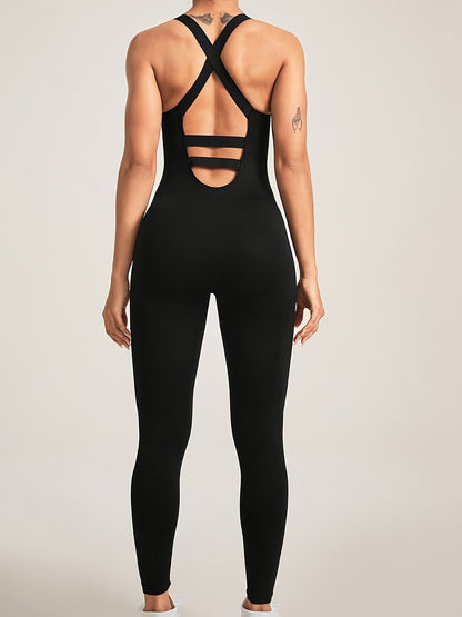 LT525 Womens Seamless Bodysuit - Sculpting Slimming Jumpsuit for Fitness, Yoga & Gym - Stretchable, Comfortable Activewear with Fashionable Cross-Back Design and Short Sleeves