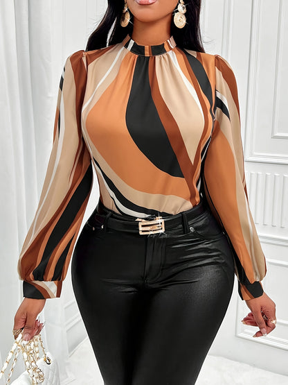 Striped Print Mock Neck Blouse, Elegant Lantern Sleeve Blouse For Spring & Fall, Women's Clothing