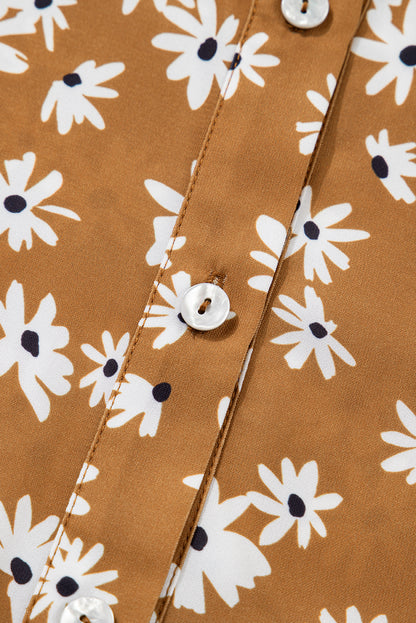 Khaki Plus Size Daisy Floral Print Button Split Neck Puff Sleeve Dress