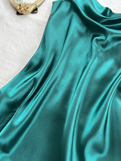 2 Pcs Women's Elegant Solid Satin Sleepwear Dress, Turtleneck Side Split Backless Midi Slip Dress, Comfortable Nightgown