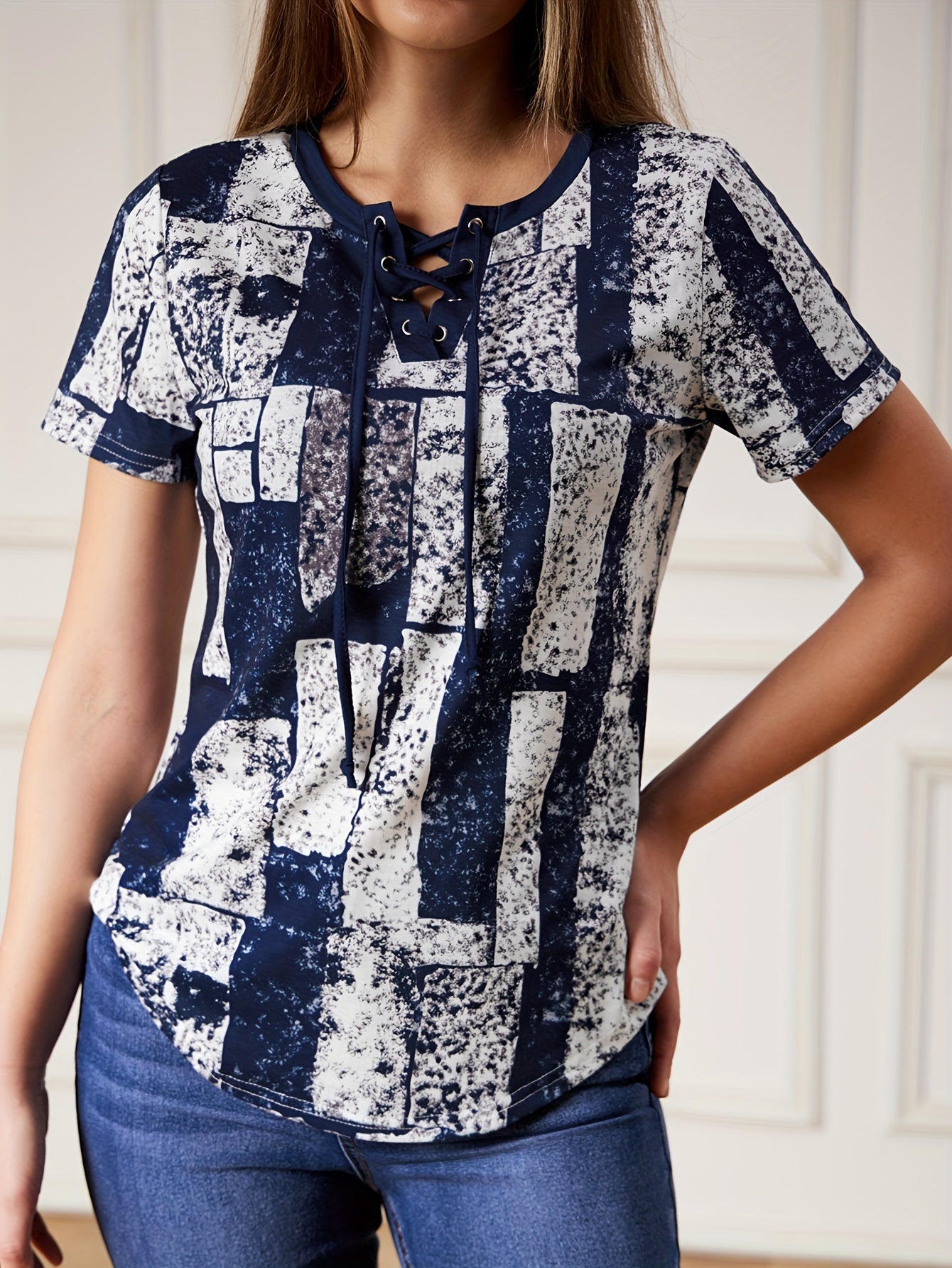 Women's Casual V-Neck T-Shirt with Adjustable Lace-Up Detail & Geometric Print - Navy Blue Summer Top, Regular Fit, Machine Washable, Ladies T Shirts, Medium Elasticity Fabric
