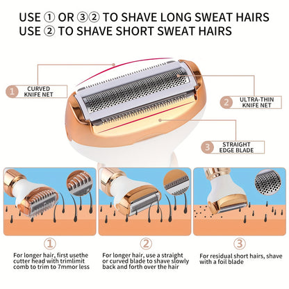 4-in-1 Women's Electric Razor - Wet & Dry Hair Remover For Pubic Hair, Eyebrow, Nose, Face, Legs, Underarms - Portable Bikini Trimmer - Rechargeable & Cordless - Gentle & Effective Hair Shaving