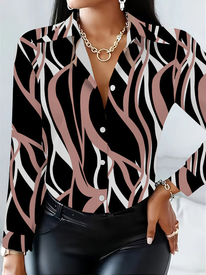 [Elegant Shirt] Elegant Geometric Print Long Sleeve Shirt - Loop Circle Women's | Black & White Abstract Pattern, Button-Up Collar Blouse, Machine Washable Non-See-Through Fabric for All-Season Wear, Sophisticated Casual
