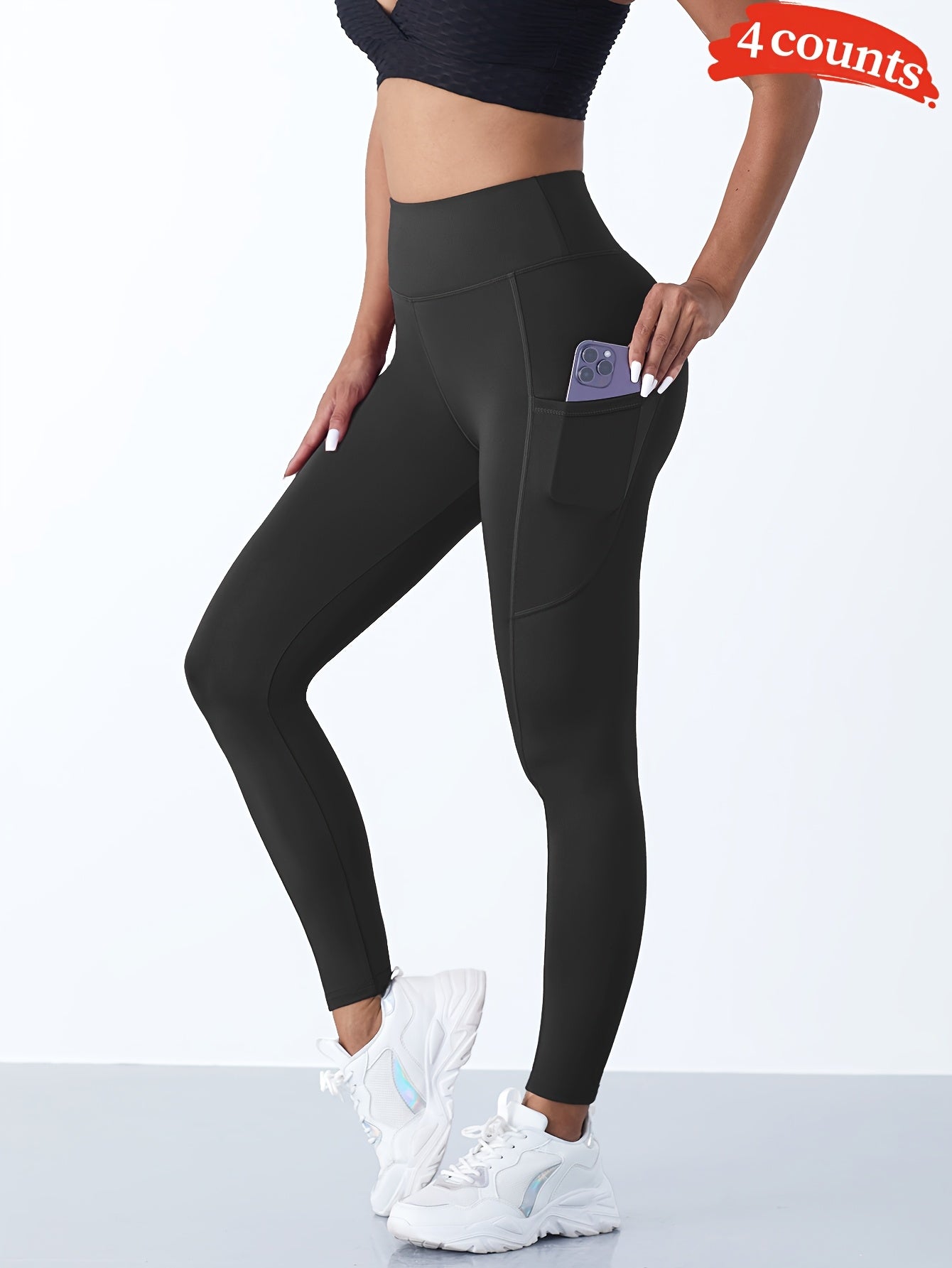4pcs High Waist Yoga Leggings With Pocket For Women, Solid Color, Tight Fit, Women's Activewear