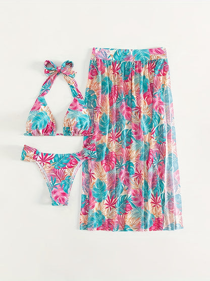 Leaf Print High Stretch Vacay 3 Piece Set Bikini & Cover Up Skirt, Halter Triangle Stylish Swimsuits, Women's Swimwear & Clothing